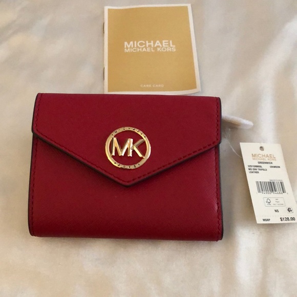 Michael Kors Greenwich Medium Envelope Leather Trifold Wallet Color Crimson NWT - Picture 2 of 16